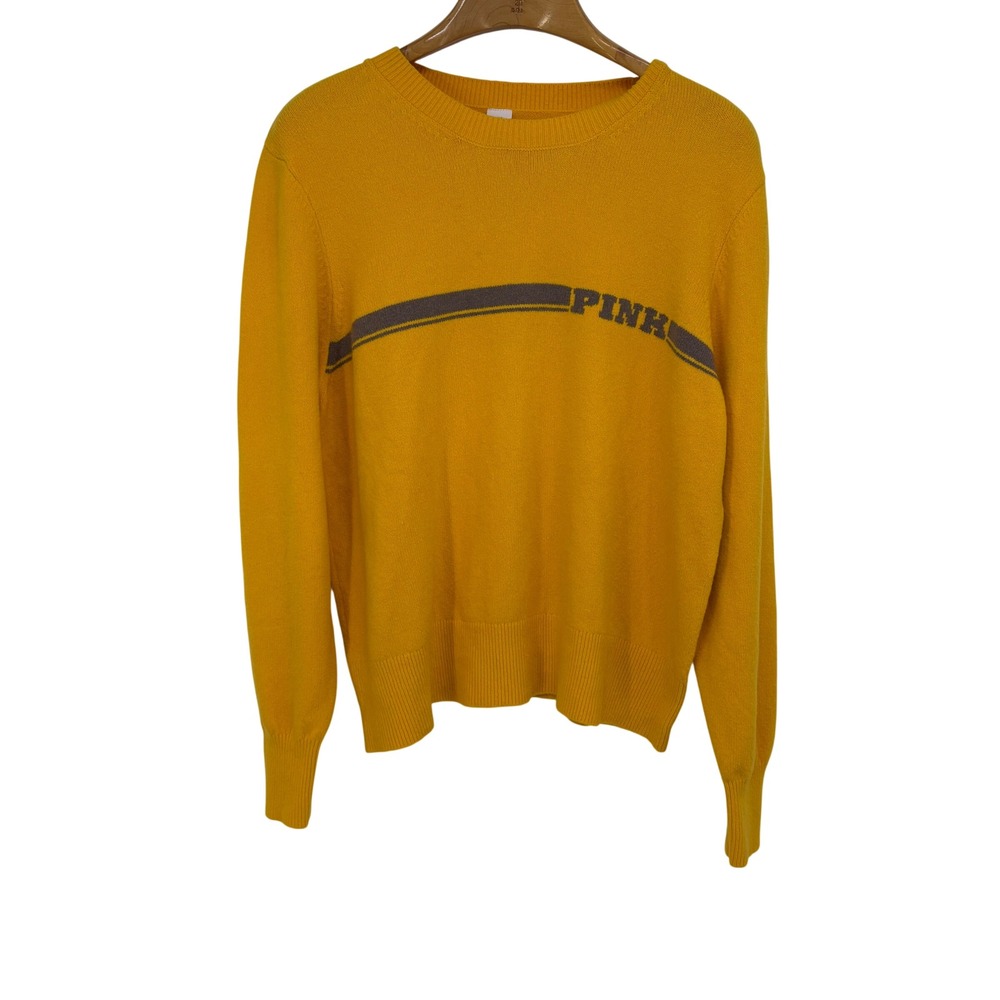 PINK Victoria's Secret Womens XXL Mustard Yellow Logo Stripe Crewneck Sweater